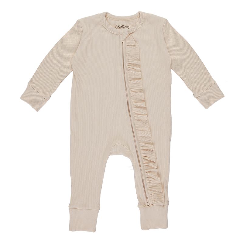 Smalribbet beige bambus heldress med volang